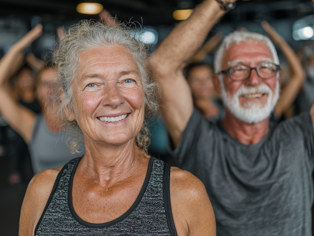 Активна старша жінка виконує вправи йоги на природі